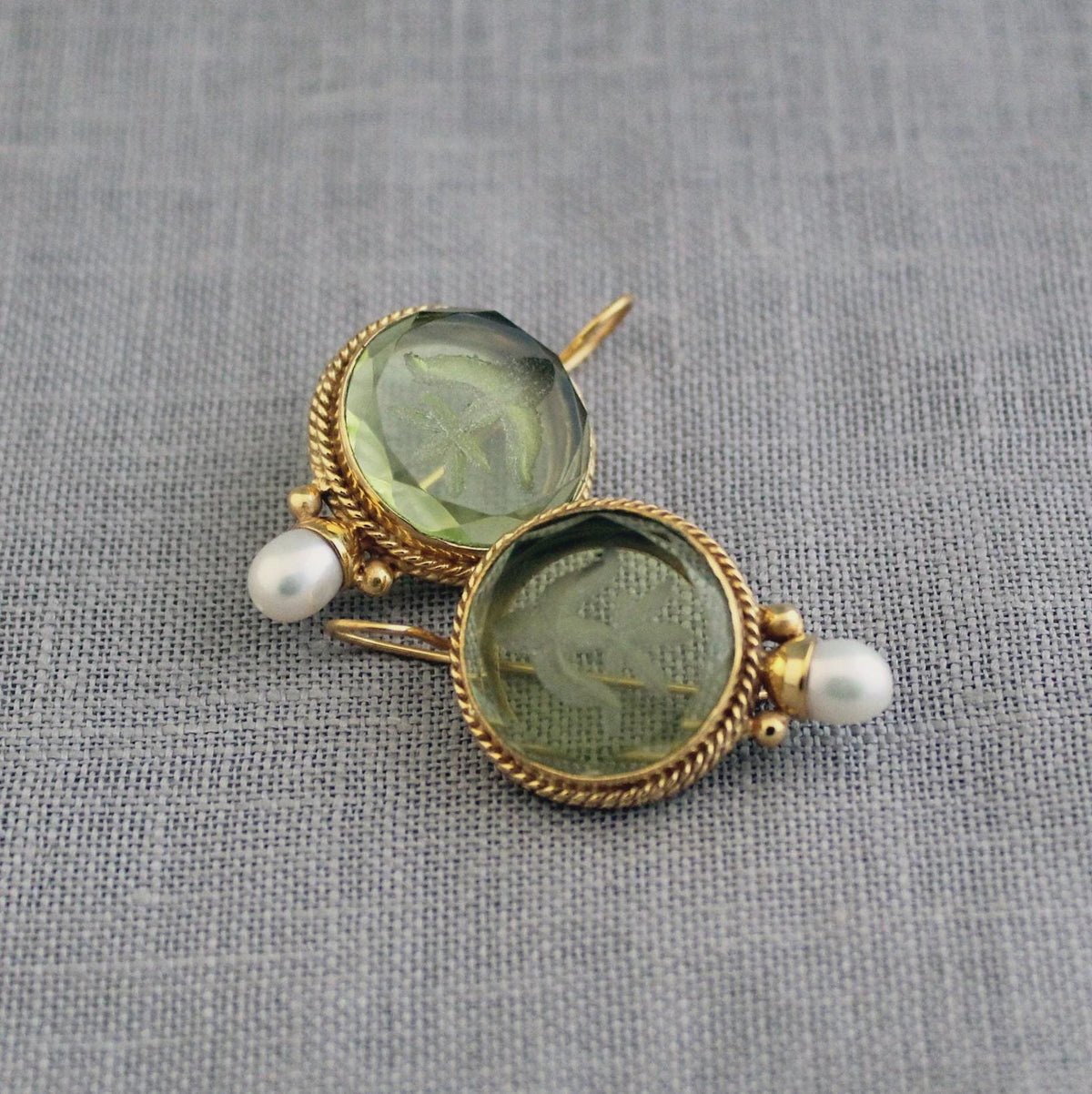 Olive Green Intaglio Crystal Earrings, Art Deco Style, Gold and Pearl, photo 9