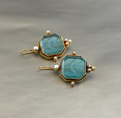 Blue Square Intaglio Earrings, Greek Roman Style, Gold Plated, photo 6