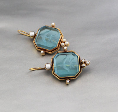 Blue Square Intaglio Earrings, Greek Roman Style, Gold Plated, photo 7