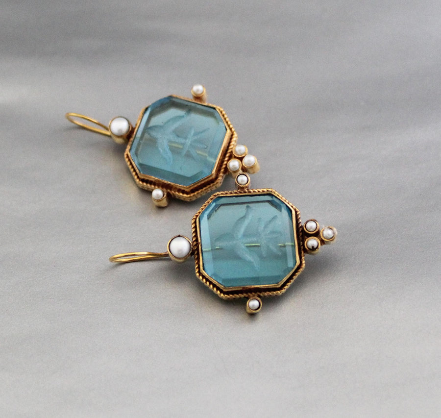 Blue Square Intaglio Earrings, Greek Roman Style, Gold Plated, photo 7