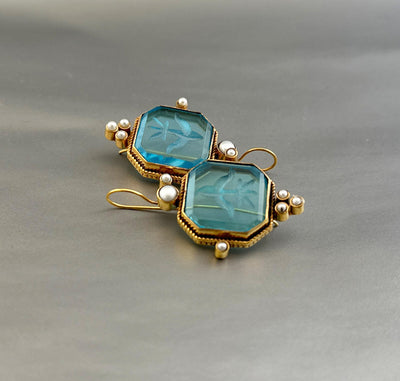 Blue Square Intaglio Earrings, Greek Roman Style, Gold Plated, photo 9