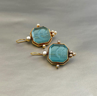 Blue Square Intaglio Earrings, Greek Roman Style, Gold Plated, photo 14