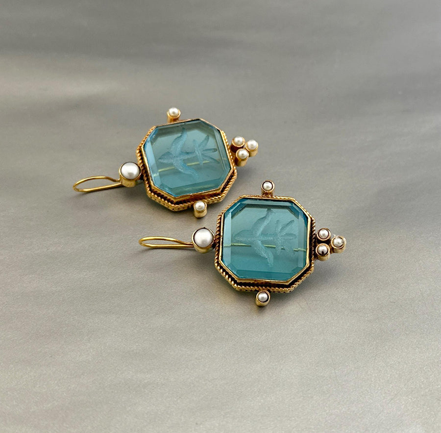 Blue Square Intaglio Earrings, Greek Roman Style, Gold Plated, photo 14