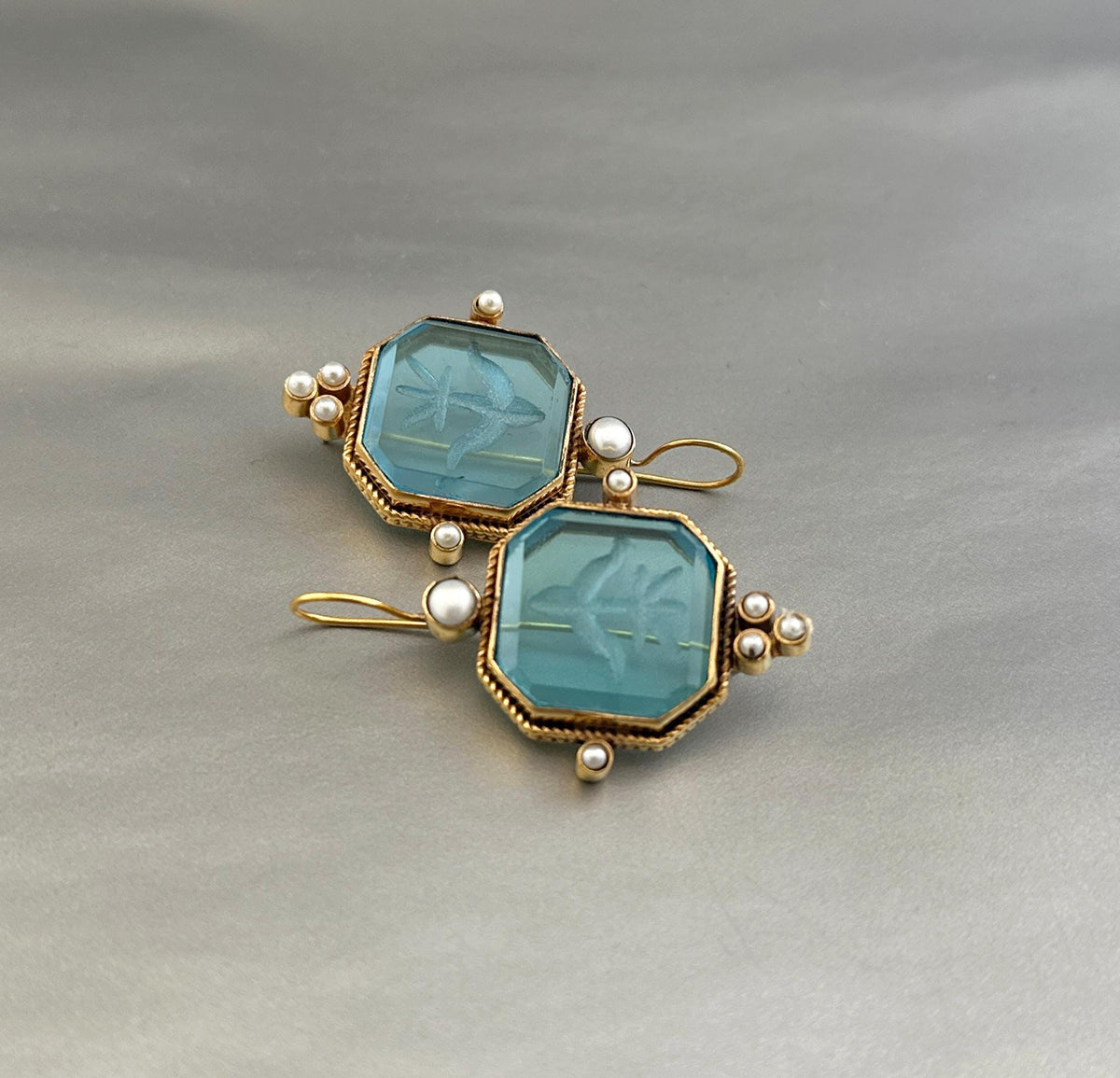 Blue Square Intaglio Earrings, Greek Roman Style, Gold Plated, photo 11