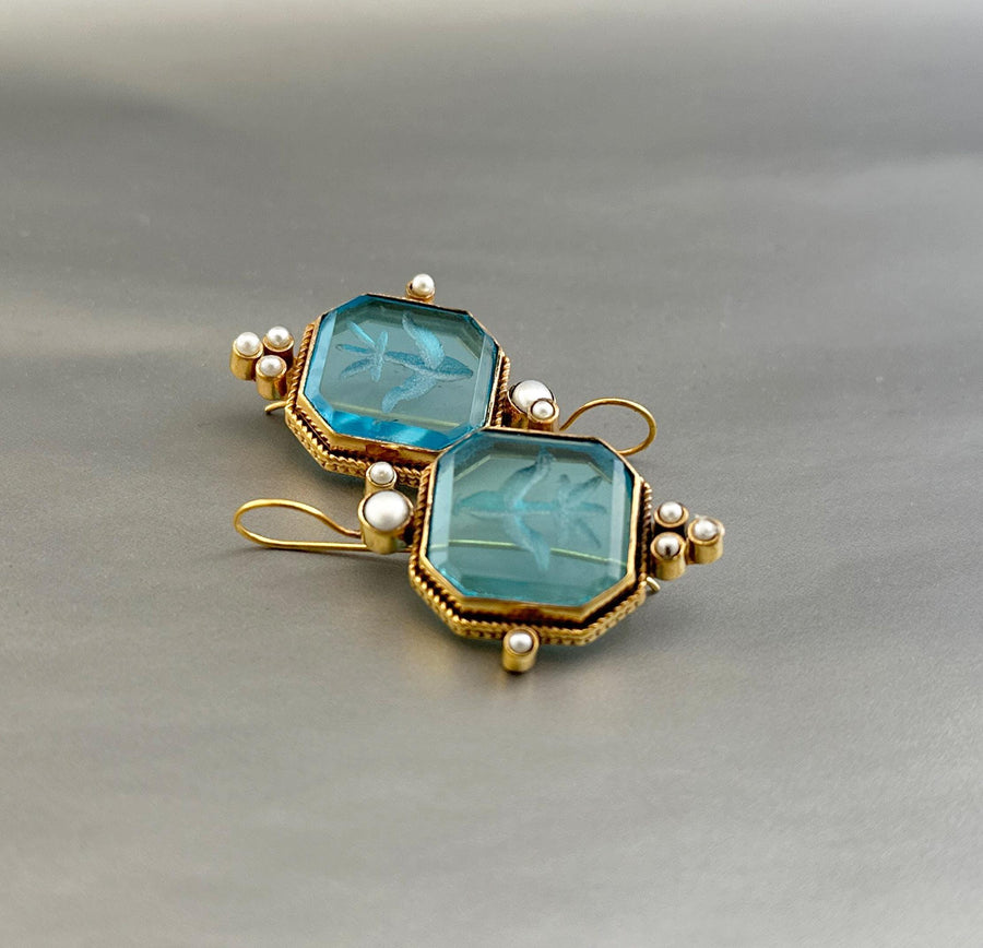 Blue Square Intaglio Earrings, Greek Roman Style, Gold Plated, photo 15