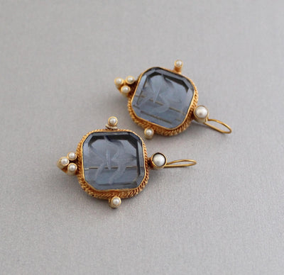 Blue Glass Intaglio Earrings, Victorian Style with Pearls, Gold Brass, photo 2