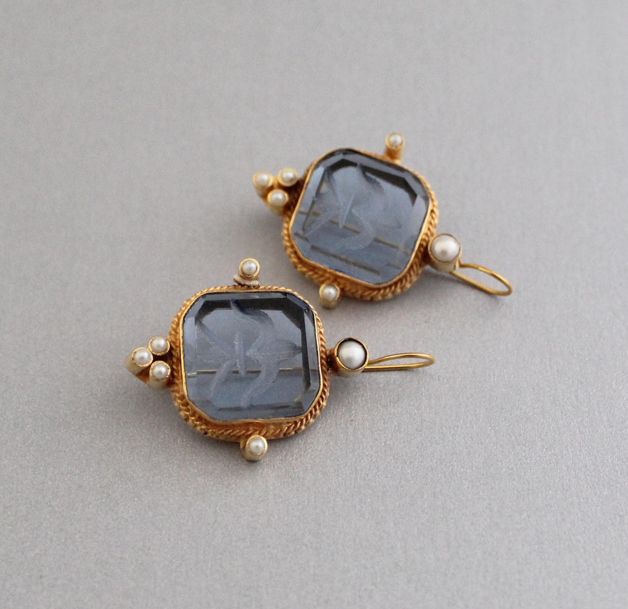 Blue Glass Intaglio Earrings, Victorian Style with Pearls, Gold Brass, photo 2