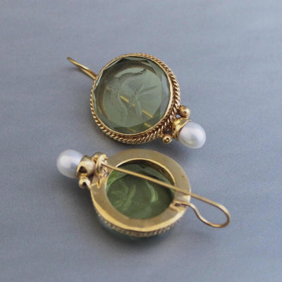 Olive Green Intaglio Crystal Earrings, Art Deco Style, Gold and Pearl, photo 2