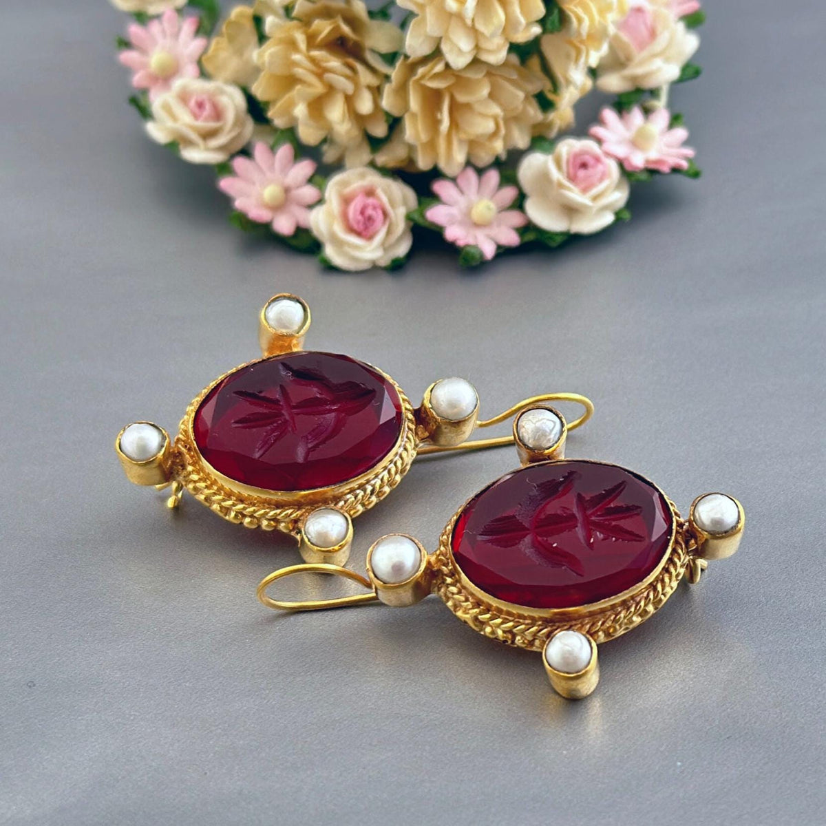Red Glass Intaglio Earrings, Vintage Victorian Gold with Pearls