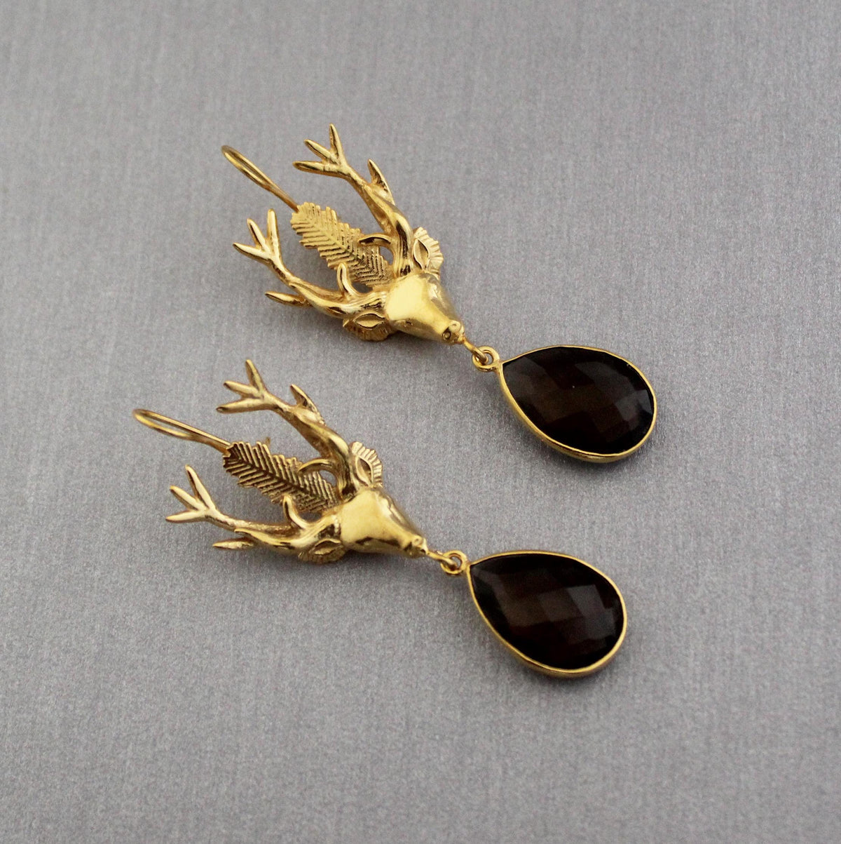Smokey Quartz Stag Head Earrings, Victorian Gold Dangles, photo 3