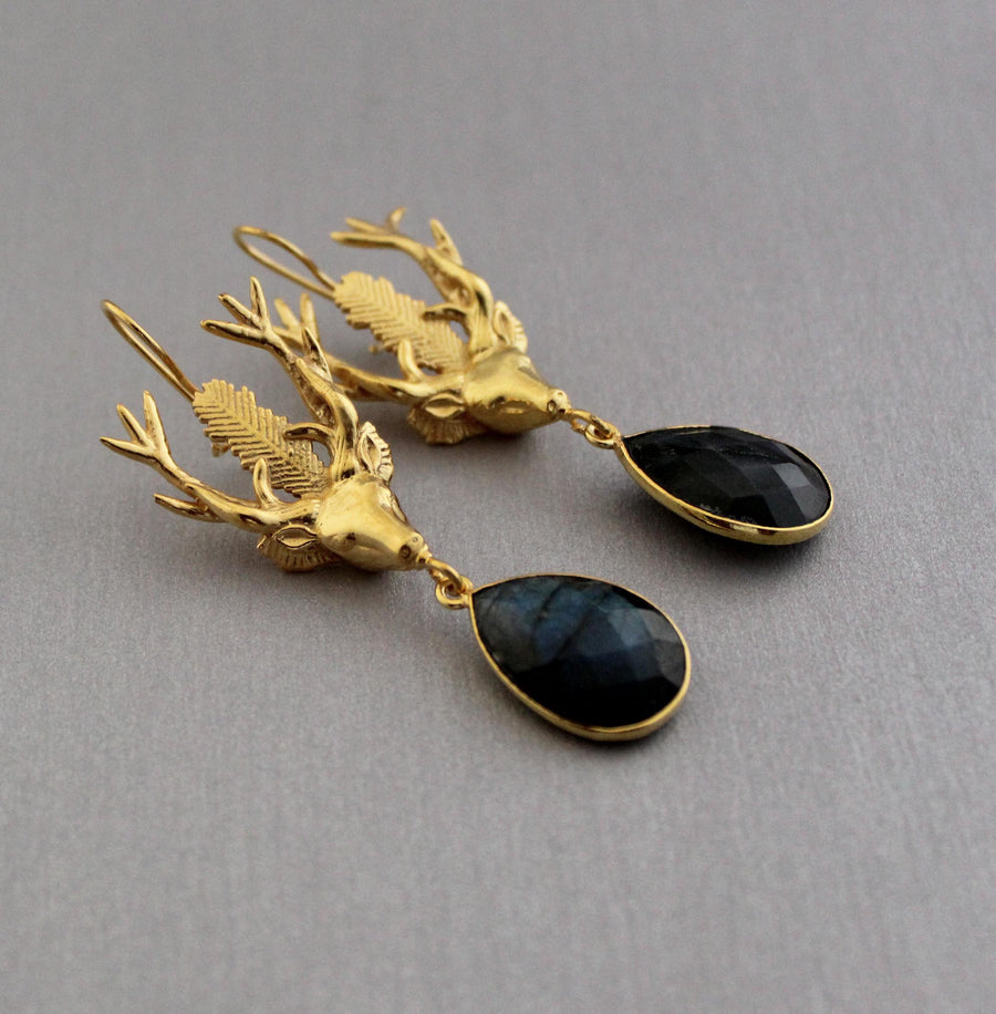 Labradorite Stag Head Earrings, Victorian Long Drops, Gold Tone, photo 2
