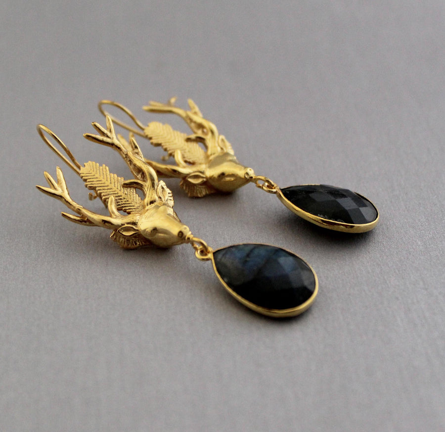 Labradorite Stag Head Earrings, Victorian Long Drops, Gold Tone, photo 3