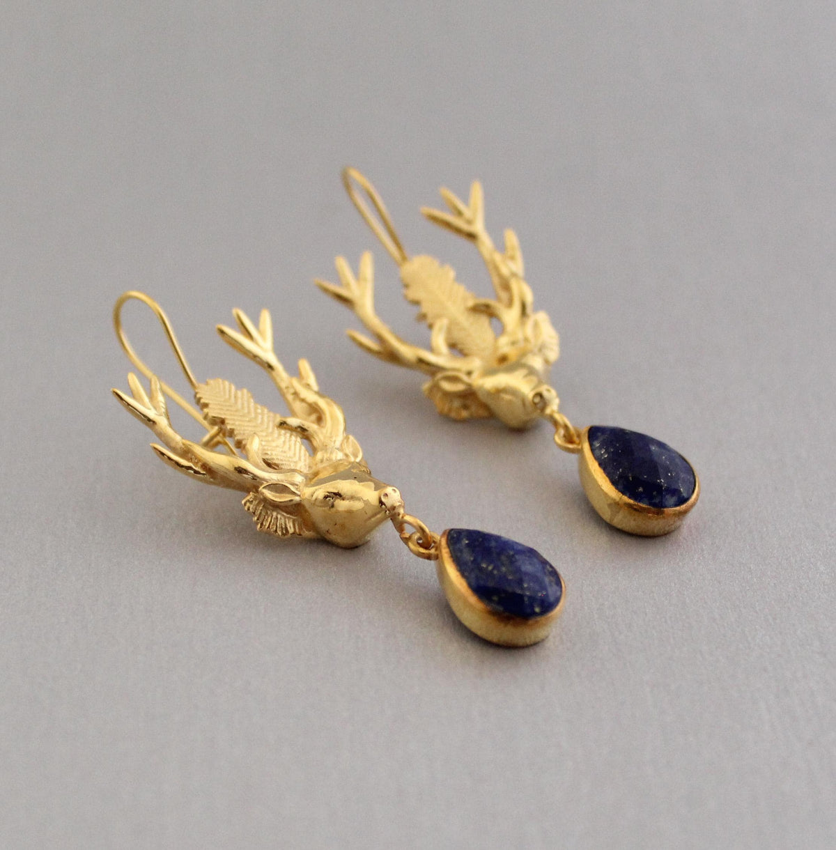 Lapis Lazuli Stag Head Earrings, Victorian Gold Drops, photo 4
