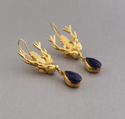 Lapis Lazuli Stag Head Earrings, Victorian Gold Drops, photo 5
