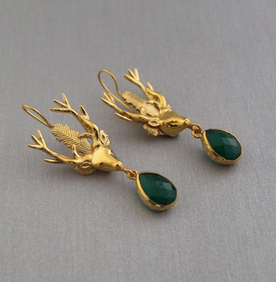 Green Onyx Stag Head Earrings, Victorian Dangles, Gold Tone, photo 3