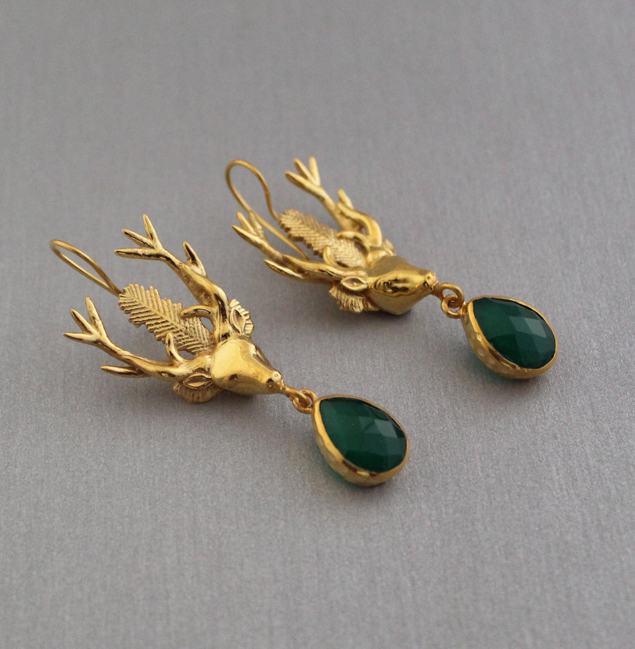 Green Onyx Stag Head Earrings, Victorian Dangles, Gold Tone, photo 3