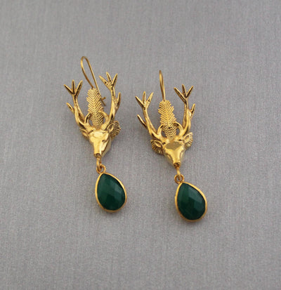 Green Onyx Stag Head Earrings, Victorian Dangles, Gold Tone, photo 4