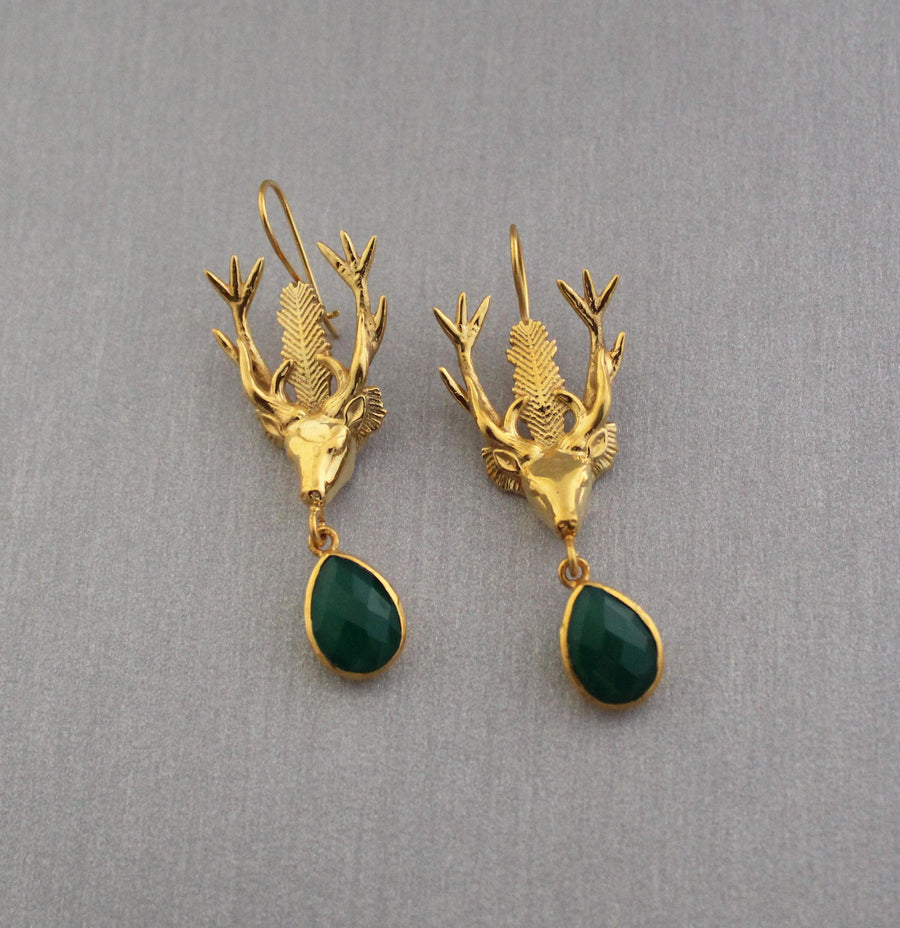 Green Onyx Stag Head Earrings, Victorian Dangles, Gold Tone, photo 4
