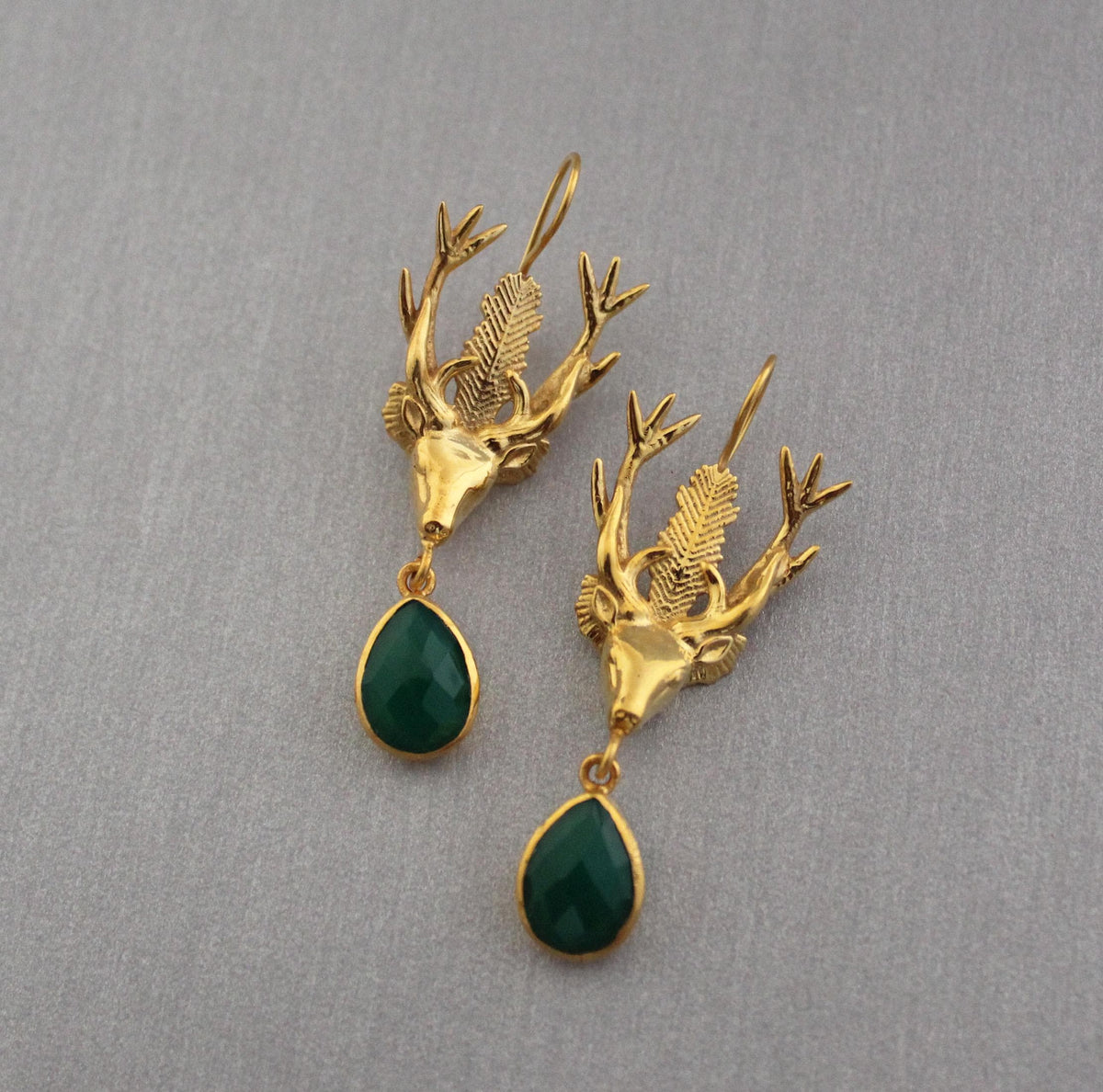 Green Onyx Stag Head Earrings, Victorian Dangles, Gold Tone