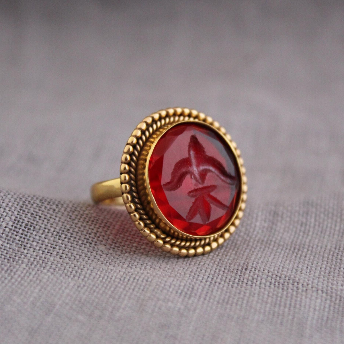Red Fleur-de-lis Intaglio Ring, Victorian Cocktail Ring