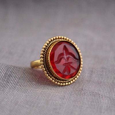 Red Fleur-de-lis Intaglio Ring, Victorian Cocktail Ring