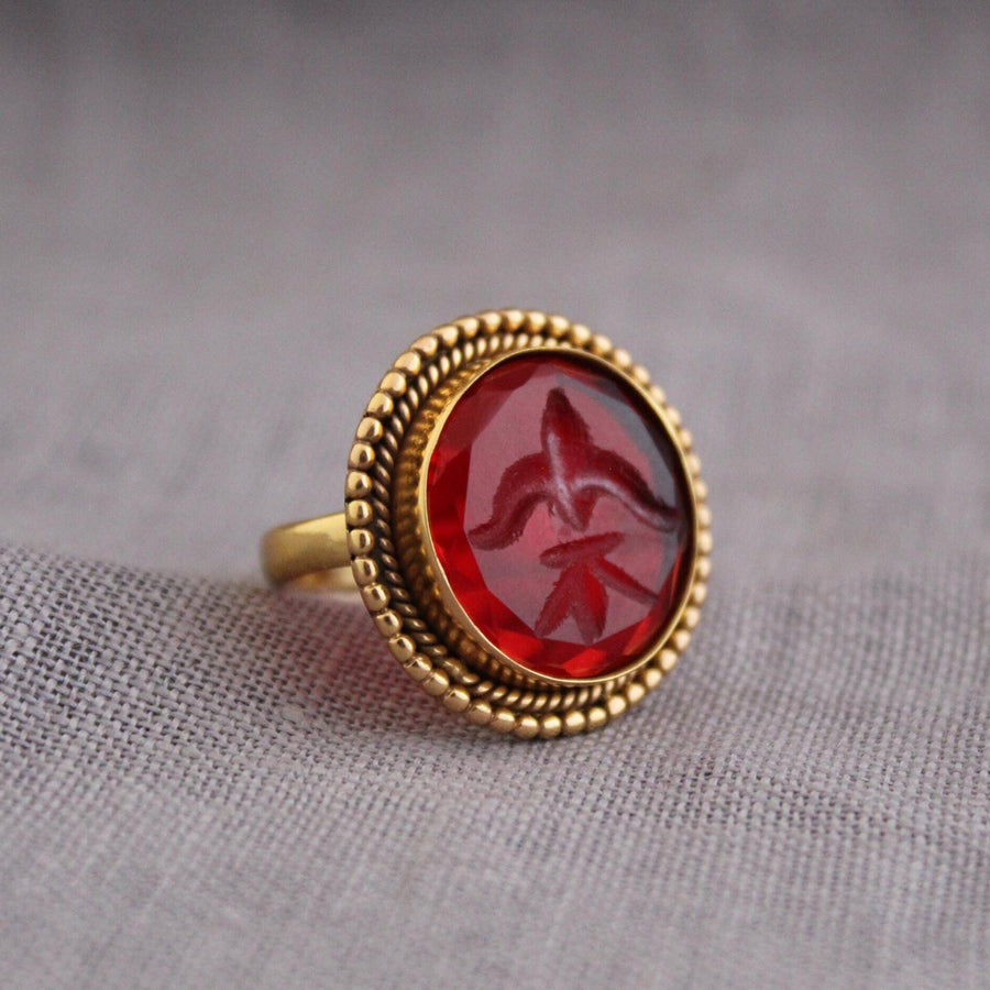 Red Fleur-de-lis Intaglio Ring, Victorian Cocktail Ring