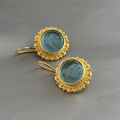 Small Blue Intaglio Earrings, Greek Roman Style, Dainty Gold, photo 2