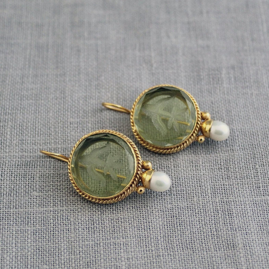 Olive Green Intaglio Crystal Earrings, Art Deco Style, Gold and Pearl, photo 7