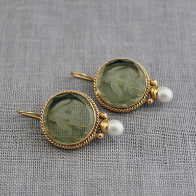 Olive Green Intaglio Crystal Earrings, Art Deco Style, Gold and Pearl, photo 6