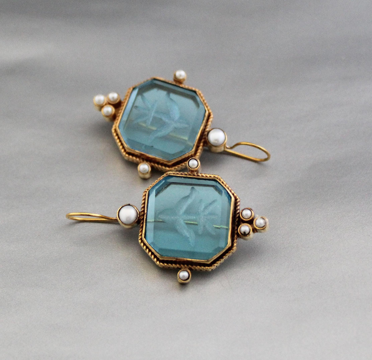 Blue Square Intaglio Earrings, Greek Roman Style, Gold Plated, photo 2