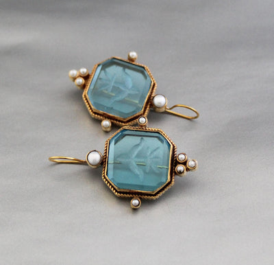 Blue Square Intaglio Earrings, Greek Roman Style, Gold Plated, photo 2