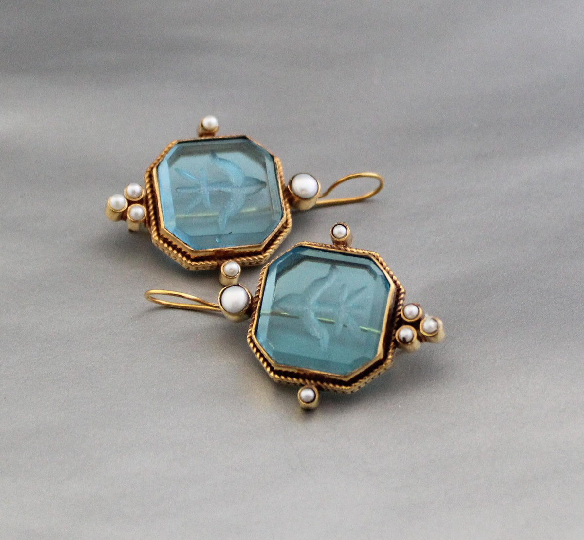 Blue Square Intaglio Earrings, Greek Roman Style, Gold Plated