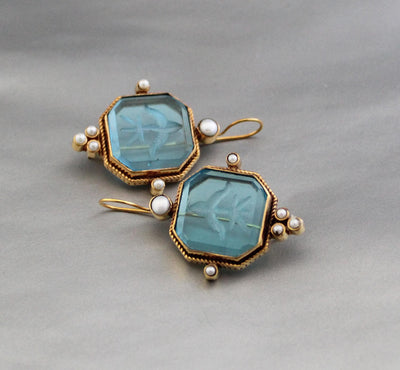 Blue Square Intaglio Earrings, Greek Roman Style, Gold Plated