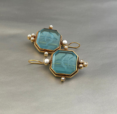 Blue Square Intaglio Earrings, Greek Roman Style, Gold Plated, photo 10