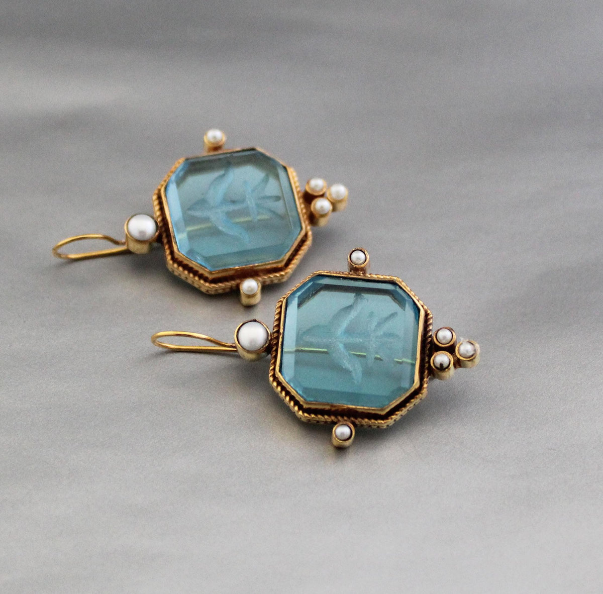 Blue Square Intaglio Earrings, Greek Roman Style, Gold Plated, photo 12