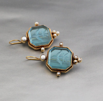 Blue Square Intaglio Earrings, Greek Roman Style, Gold Plated, photo 12