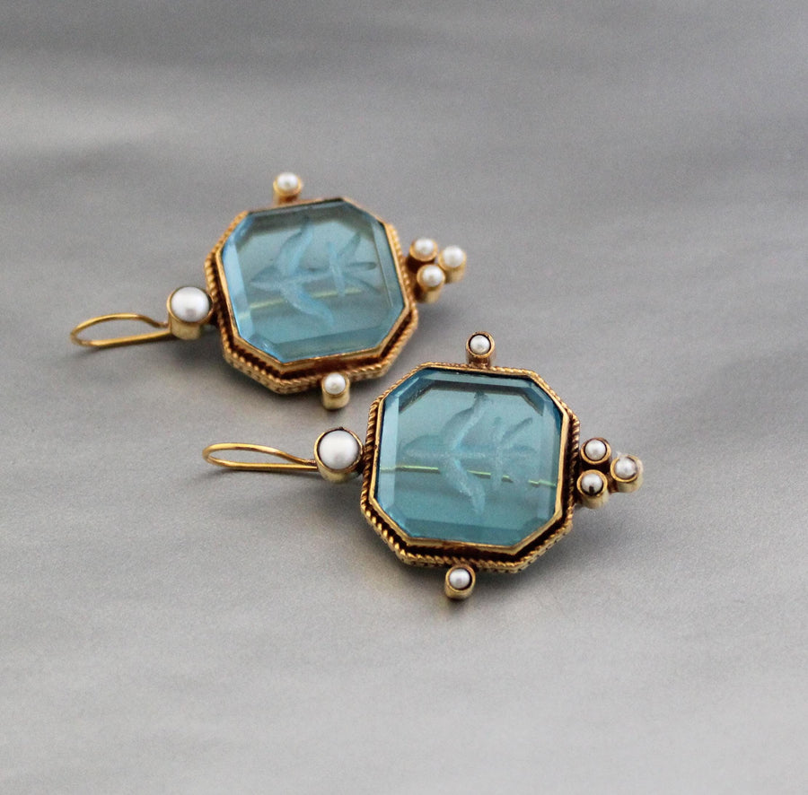 Blue Square Intaglio Earrings, Greek Roman Style, Gold Plated, photo 12