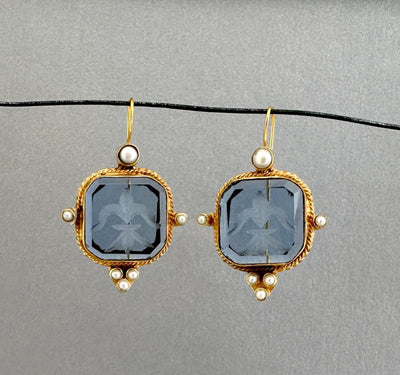 Blue Glass Intaglio Earrings, Victorian Style with Pearls, Gold Brass, photo 6