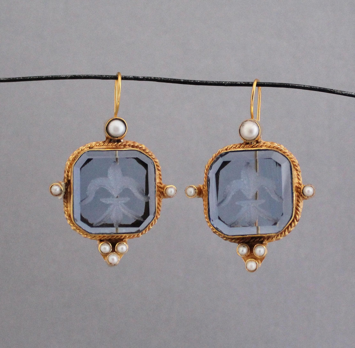 Blue Glass Intaglio Earrings, Victorian Style with Pearls, Gold Brass, photo 10