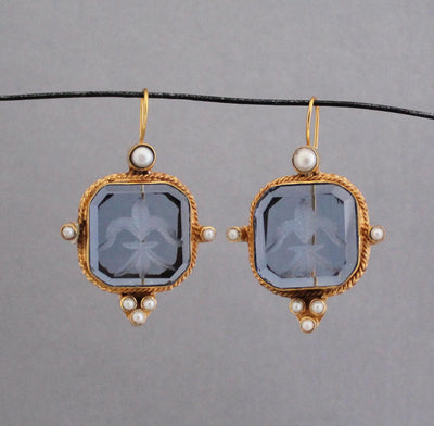 Blue Glass Intaglio Earrings, Victorian Style with Pearls, Gold Brass, photo 10