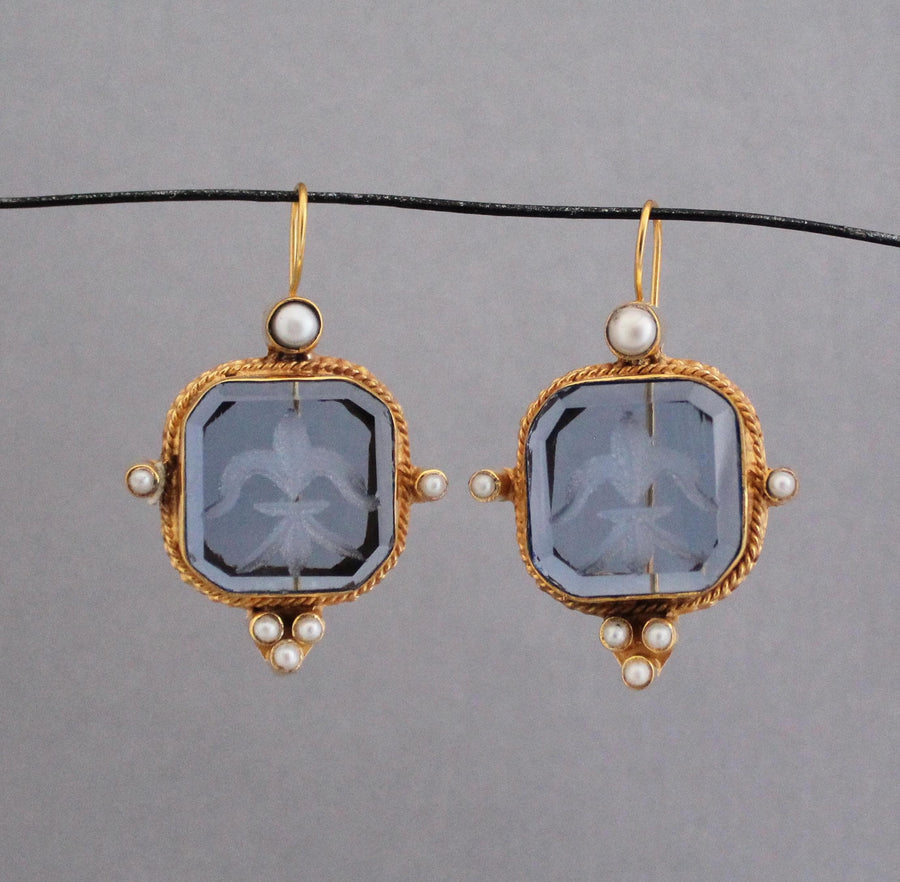 Blue Glass Intaglio Earrings, Victorian Style with Pearls, Gold Brass, photo 10