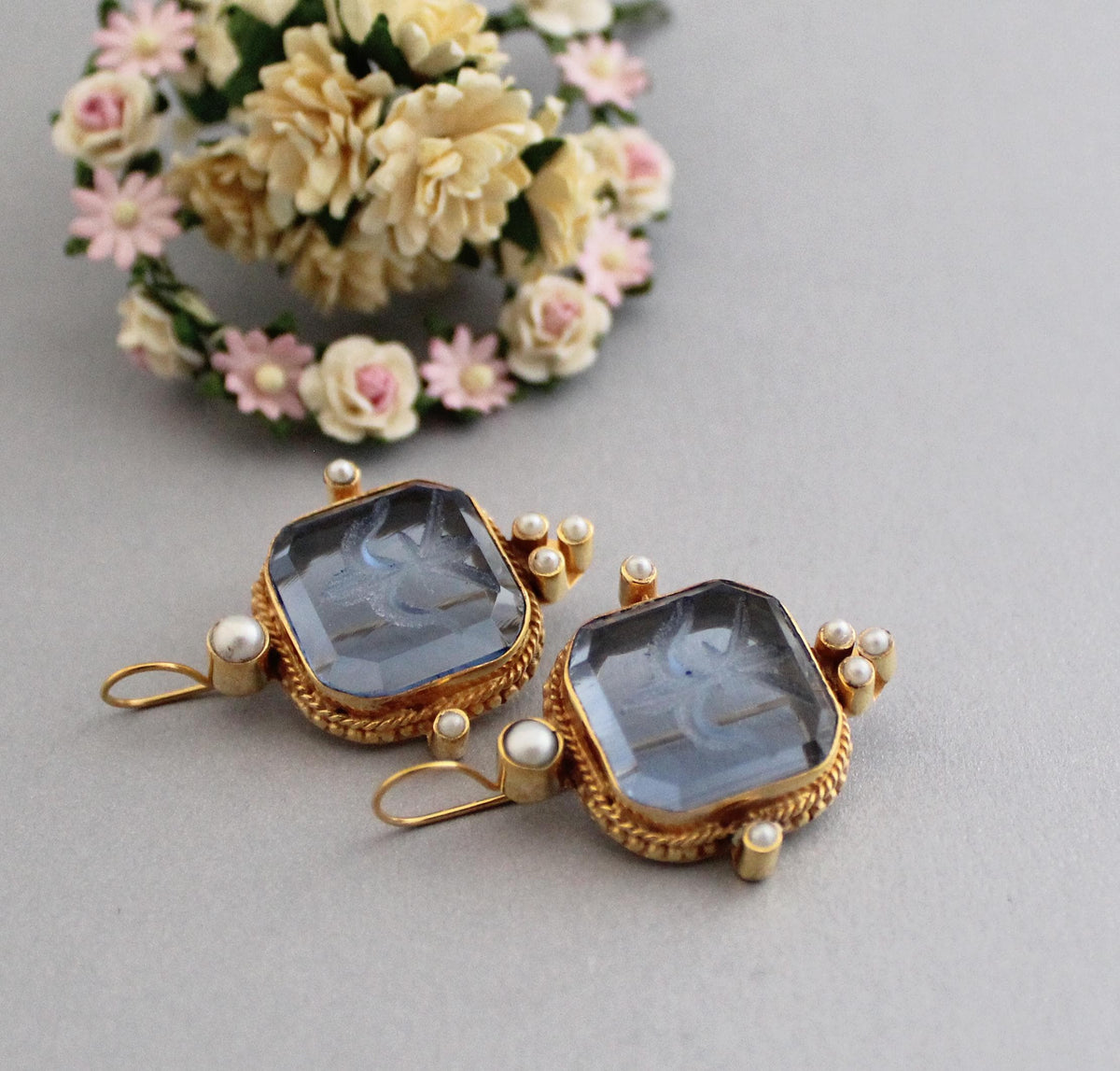 Blue Glass Intaglio Earrings, Victorian Style with Pearls, Gold Brass, photo 7
