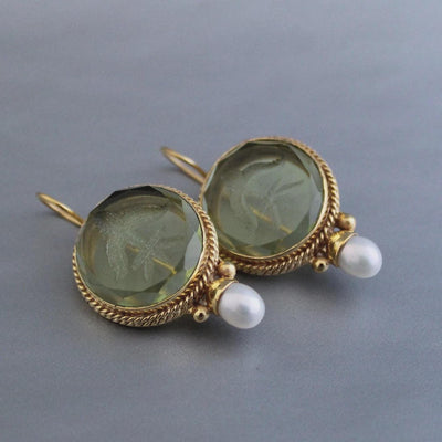 Olive Green Intaglio Crystal Earrings, Art Deco Style, Gold and Pearl