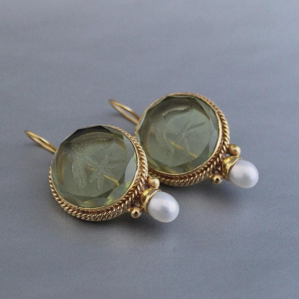 Olive Green Intaglio Crystal Earrings, Art Deco Style, Gold and Pearl