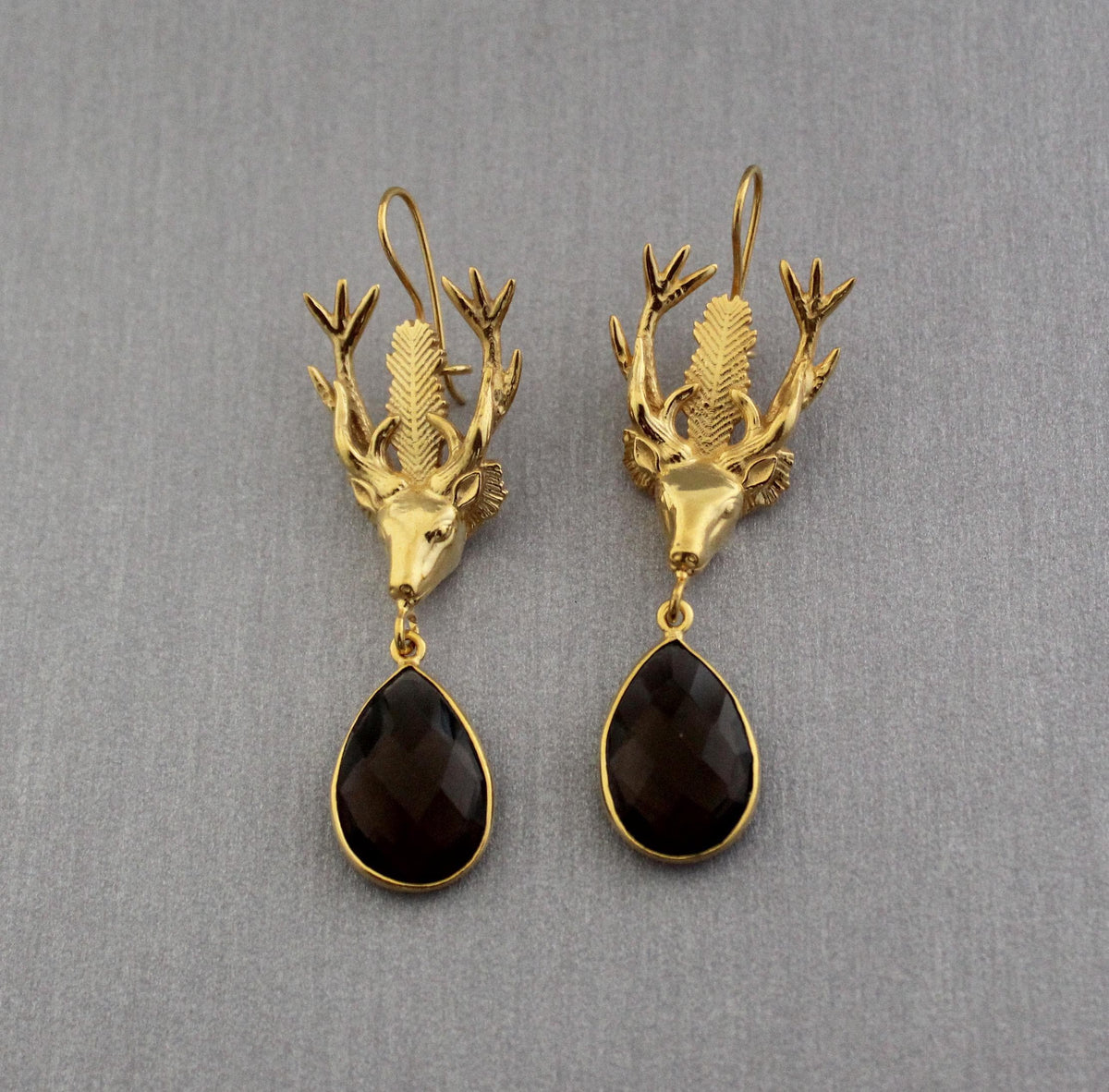 Smokey Quartz Stag Head Earrings, Victorian Gold Dangles