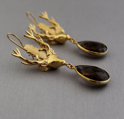 Smokey Quartz Stag Head Earrings, Victorian Gold Dangles, photo 4