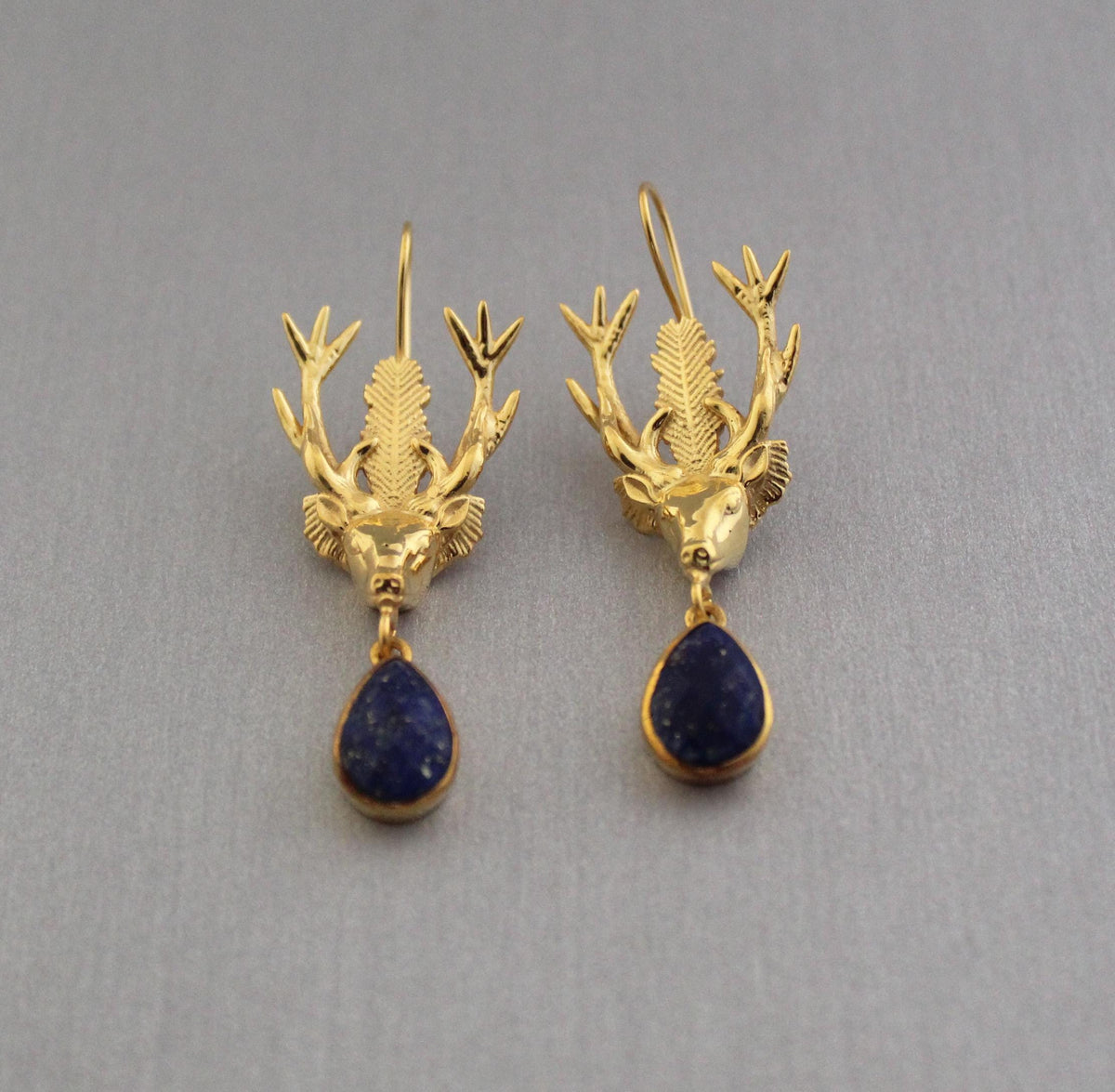 Lapis Lazuli Stag Head Earrings, Victorian Gold Drops, photo 2