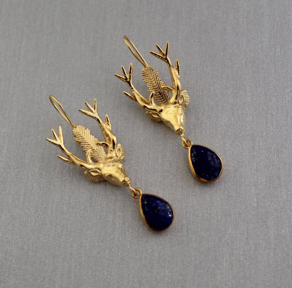 Lapis Lazuli Stag Head Earrings, Victorian Gold Drops