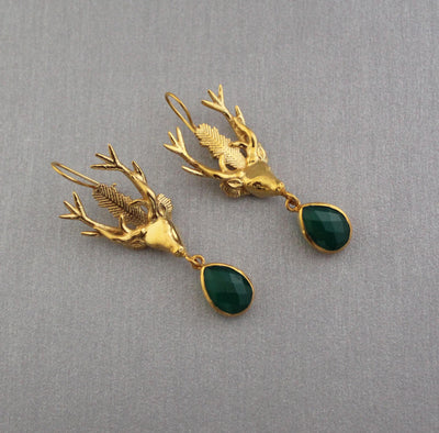 Green Onyx Stag Head Earrings, Victorian Dangles, Gold Tone, photo 6