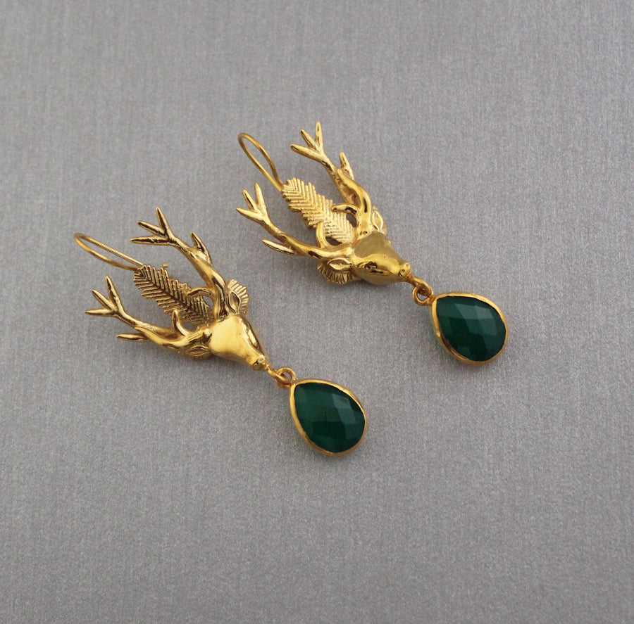 Green Onyx Stag Head Earrings, Victorian Dangles, Gold Tone, photo 6